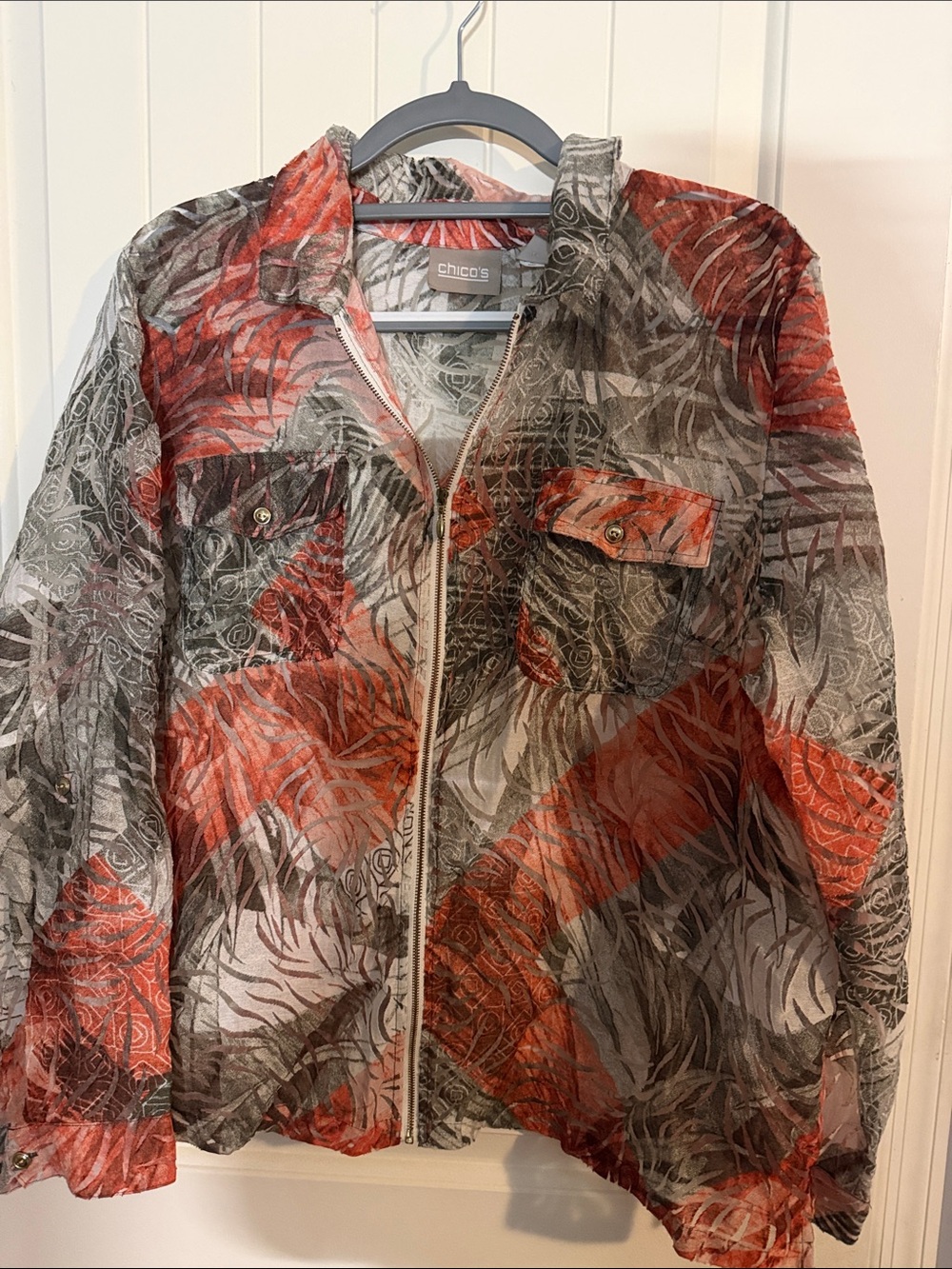 Chico's Sheer Orange & Gray Printed Zip-Front Utility Jacket